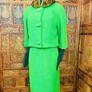 1950’s Vintage Lilli Ann Green Wool Two Piece Fur Skirt Suit